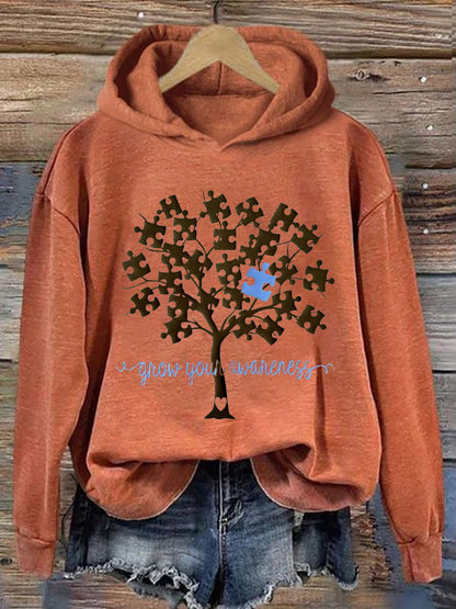 Women's Grow Your Awareness Tree of Life Autism Printed Hooded Sweatshirt