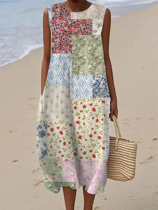 Women's Vintage Botanical Floral Patchwork Art Print With Pockets Dress