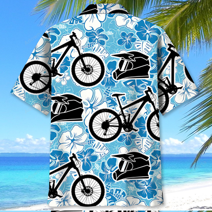 Mountain Bike Blue White Hibicus Hawaiian Shirt