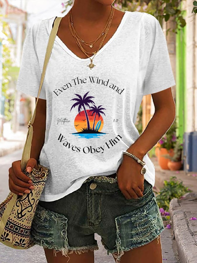Women's Casual Christian Faith Bible Verse Palm Tree Print V-Neck Short Sleeve T-Shirt