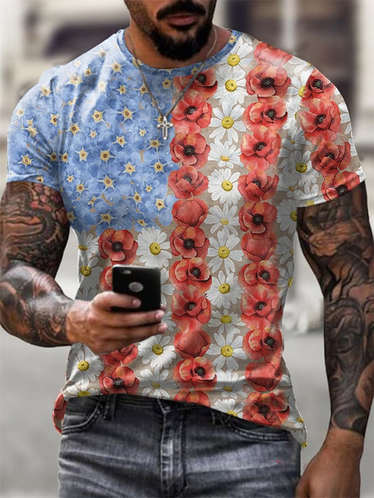 Retro Patriotic Flower Myosotis & Poppy Print T-Shirt