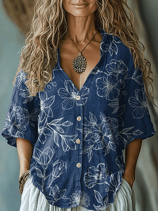 Women's Vintage Floral Print Lapel Mid Sleeve Casual Shirt