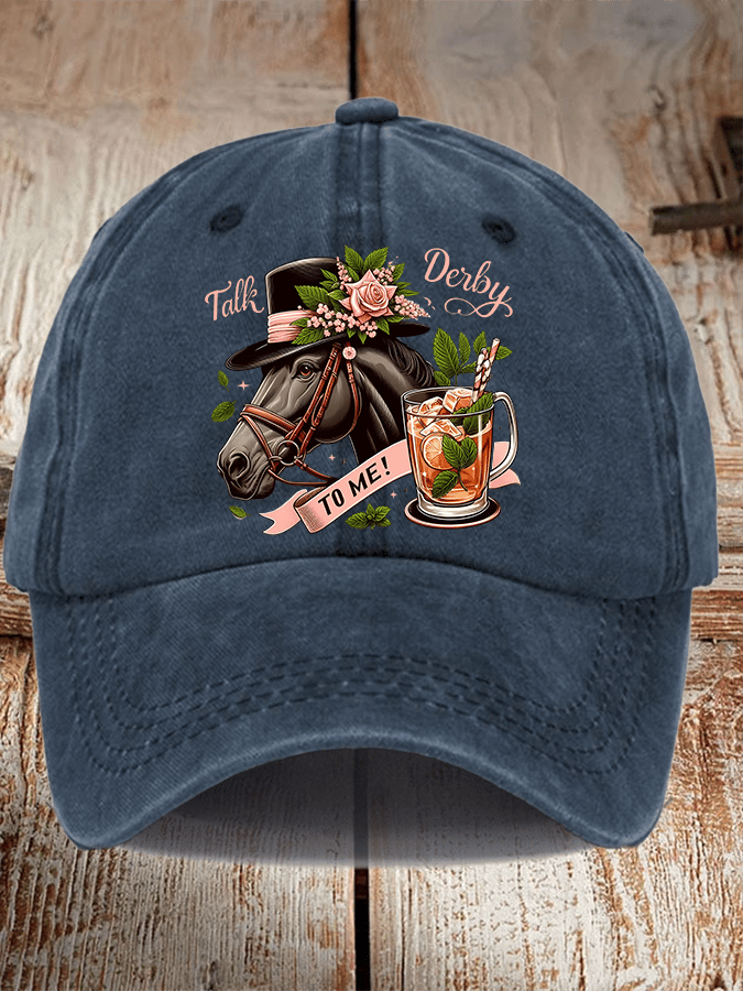 Unisex Distressed Washed Cotton Horse Racing Prints Hat