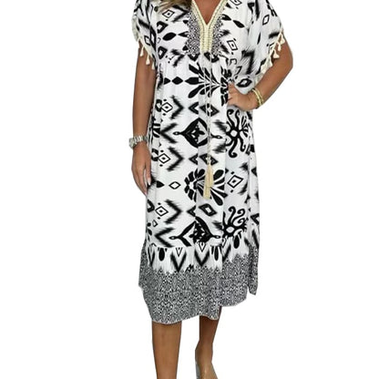 Printed Casual Dress With V-Neckline and Fringes on the Short Sleeves
