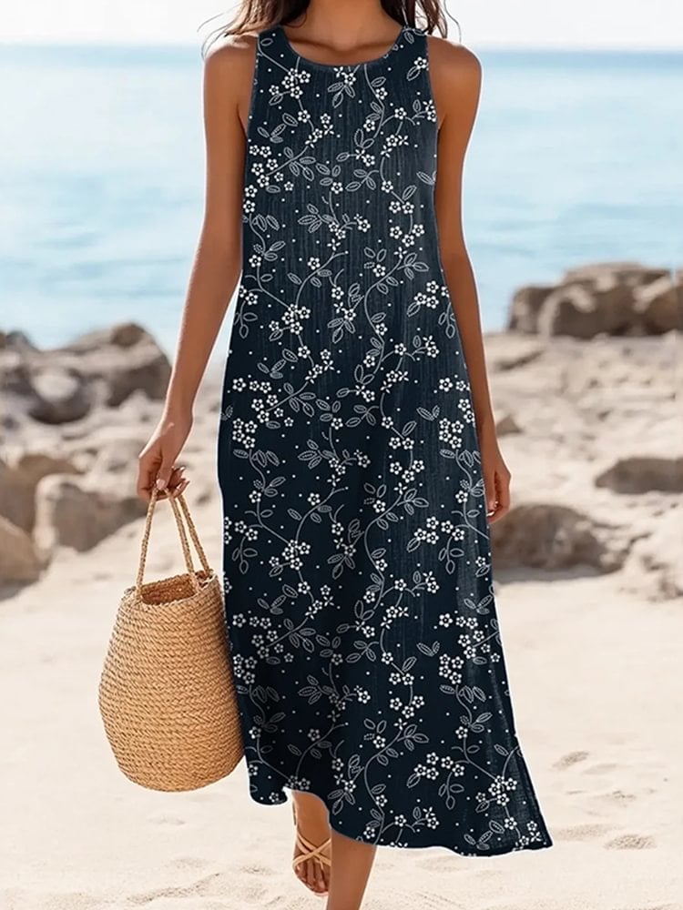 Women's Casual Retro Blue Floral Dress