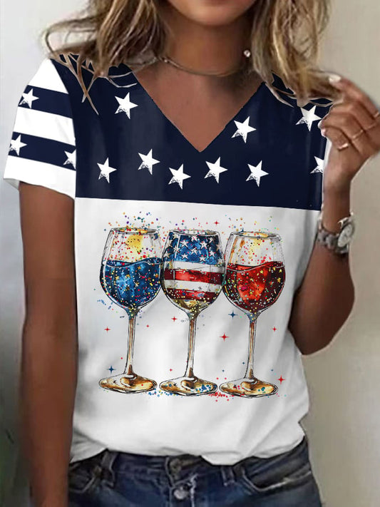 🔥Last Day 49% Off🔥Women's Red Wine & Blue Print T-shirt