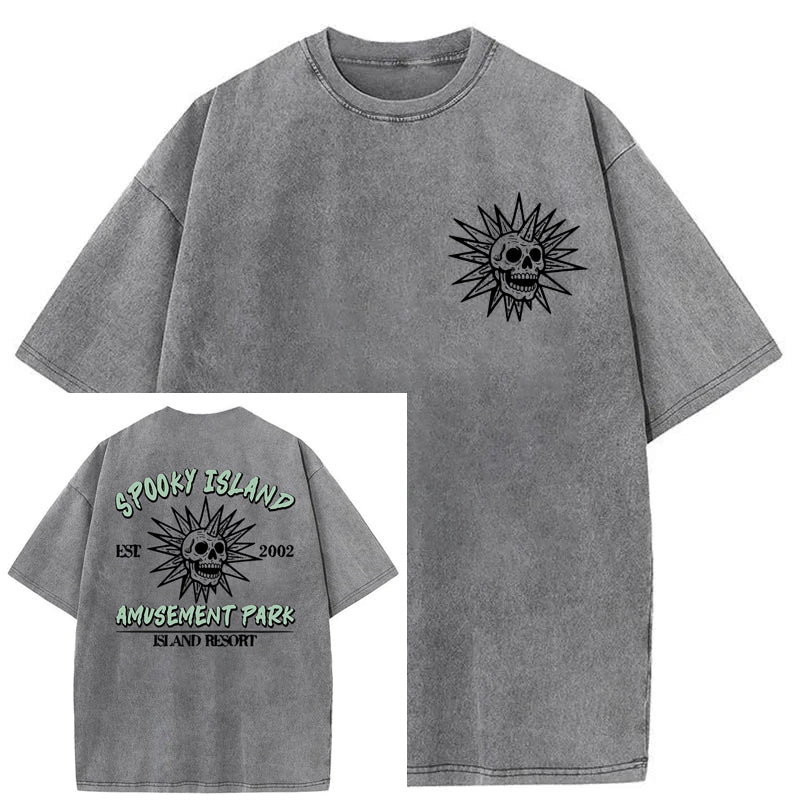 Spooky Island Cartoon Halloween Washed Cotton T-Shirt