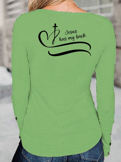 Women's Faith Love Like Jesus Jesus Has My Back Print Button Top