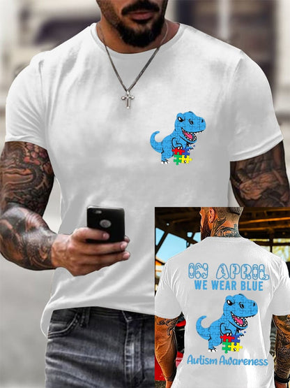 Men's Retro Fun Dinosaur Jigsaw Puzzle Autism Awareness Printed Round Neck T-Shirt
