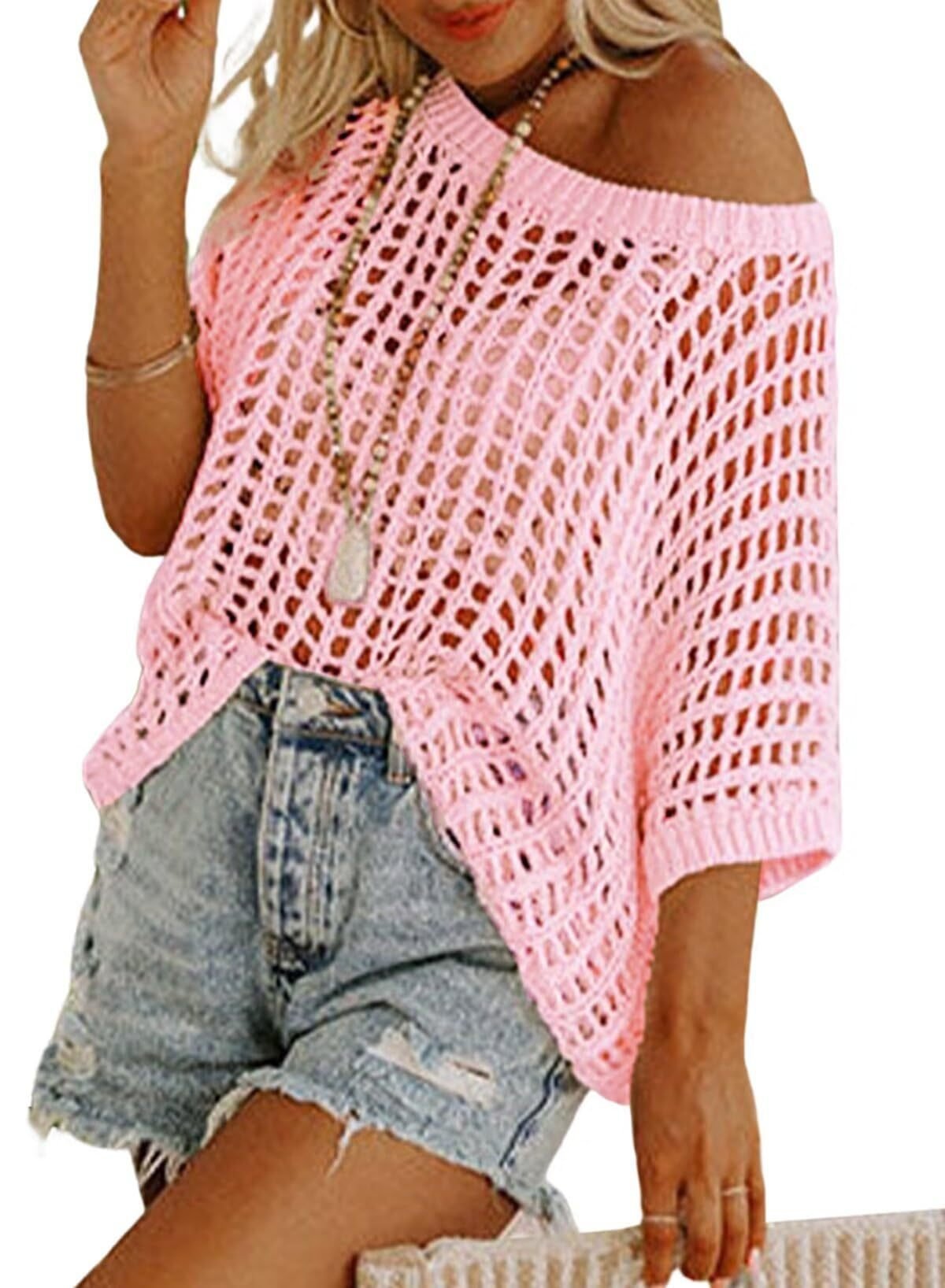 🎁2025 New Hot Sale - Womens Summer Scoop Neck Short Sleeve Sweater Casual Crochet Hollow Out Knit Tops Pullover Shirts Beach Coverup