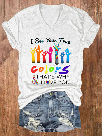V-neck Autism Awareness I See Your True Colors Hands Print T-Shirt
