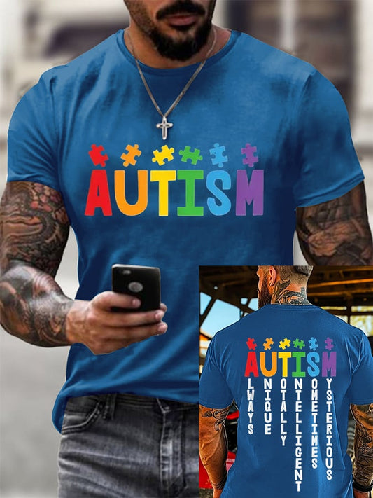 Men's Retro Autism Is Always Unique Totally Smart Autism Awareness Printed Round Neck T-Shirt