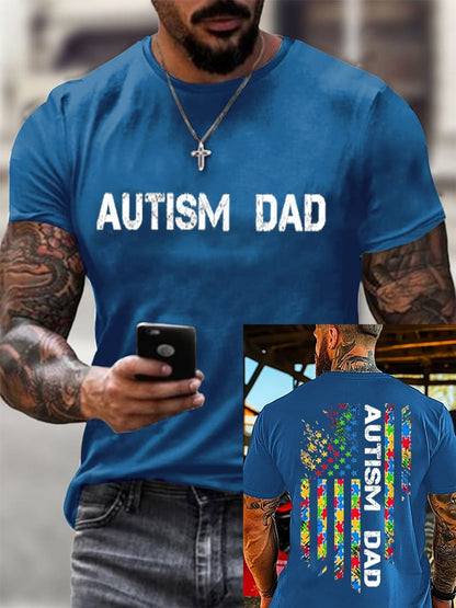 Men's Retro Autistic Dad Autism Awareness Printed Round Neck T-Shirt
