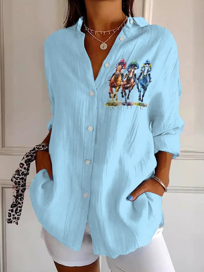 Women's Casual Art Horse Racing Cotton And Linen Shirt