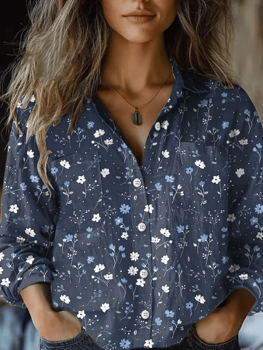Women's Vintage Floral Print Double Pocket Casual Shirt