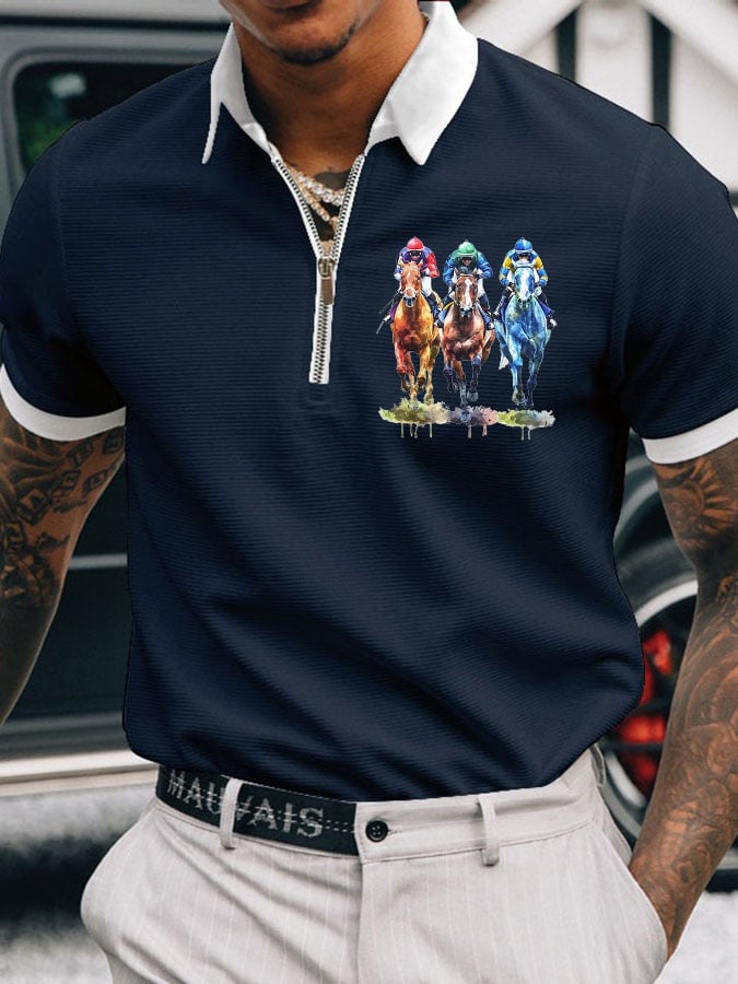 Men's Horse Racing Printed Casual Polo Shirt