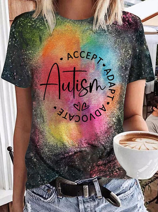 Women's Autism Awareness Autism Accept Adapt Advocate Tie Dye T-Shirt