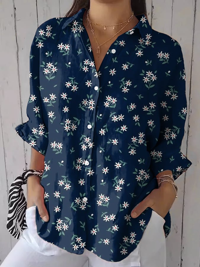 Women's Casual Retro Blue Floral Shirt