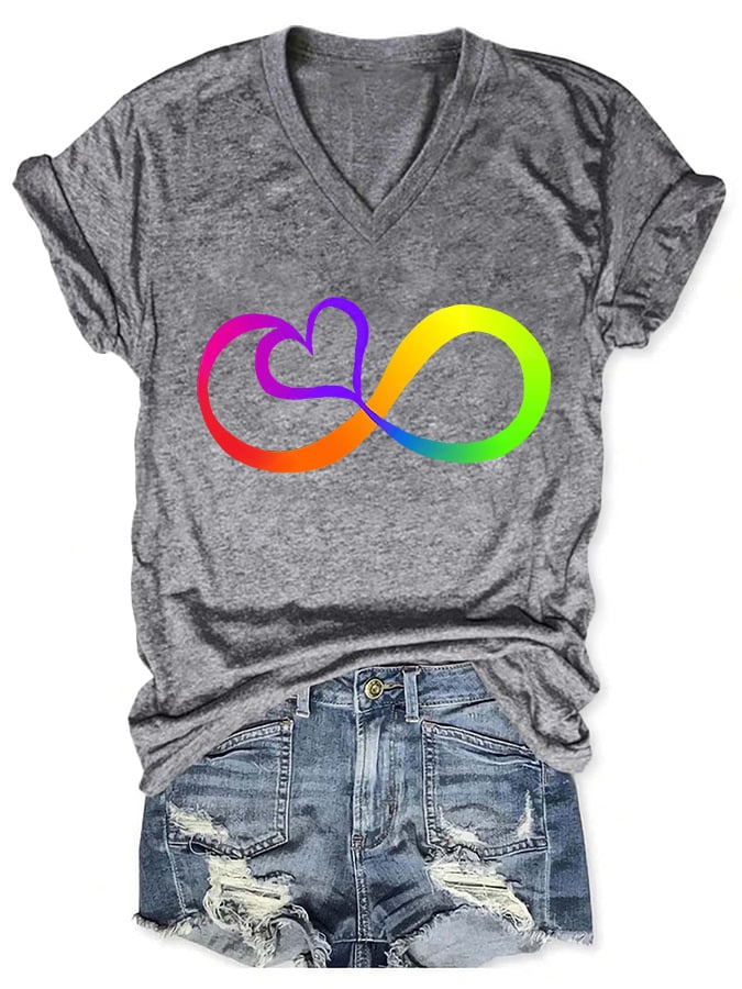 V-neck Autism Infinity Print T-Shirt