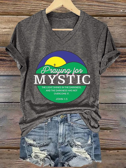V-Neck Retro Texas Strong Praying For Mystic The Light Shines In The Darkness, And The Darkness Has Not Overcome It. John 1:5 Print T-Shirt