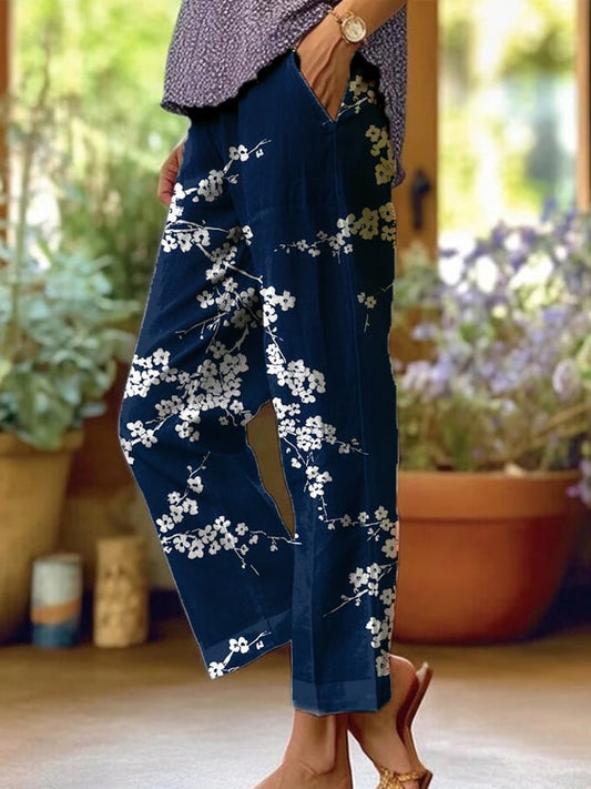 Women's Casual Retro Blue Plum Blossom Pants