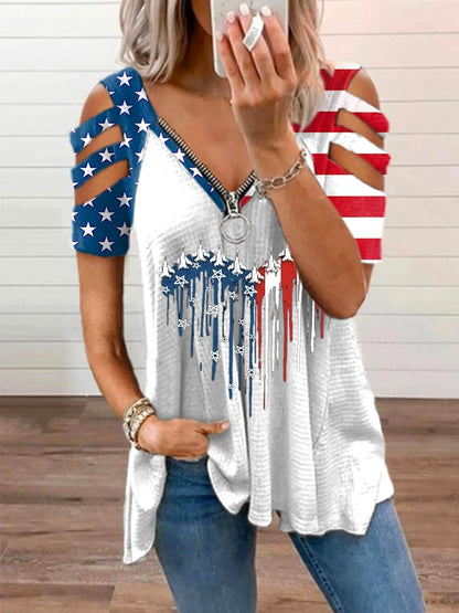 🔥Last Day 49% Off🔥Women's Flag Printed V-Neck Zipper Casual T-Shirt
