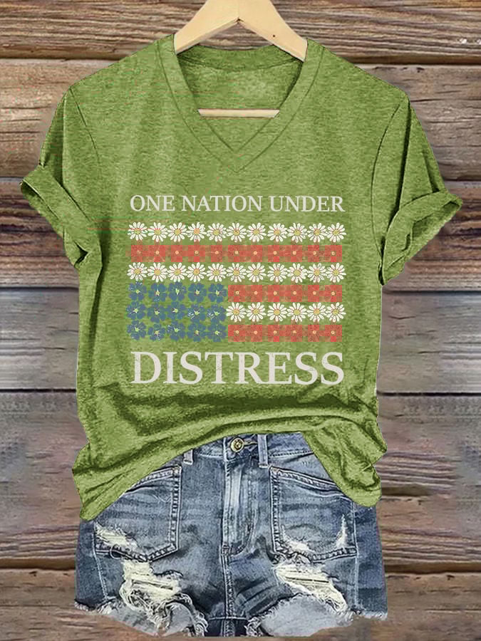 🔥Last Day 49% Off🔥V-neck Retro One Nation Under Distress Print T-Shirt