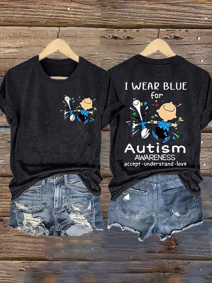 Retro Autism Awareness I Wear Blue For Autism Accept, Understand, Love Print T-Shirt