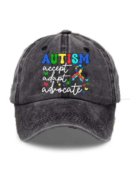 Unisex Distressed Washed Accept Adapt Advocate Autism Awareness Print Hat