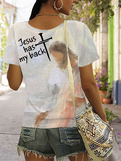Womens Jesus has my back V-neck T-shirt