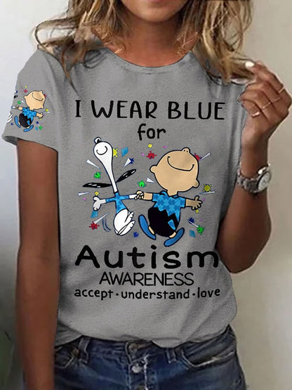Retro Autism Awareness I Wear Blue For Autism Print T-Shirt