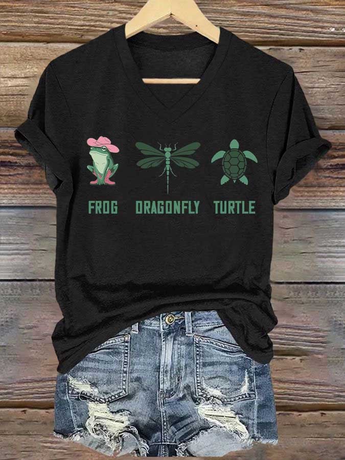 Women's Frog Dragonfly Turtle Printed V Neck T-shirt