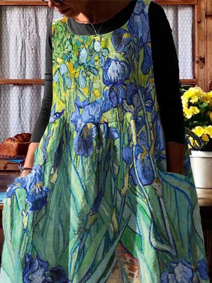 Casual Floral Oil Painting With Pocket Print Dress