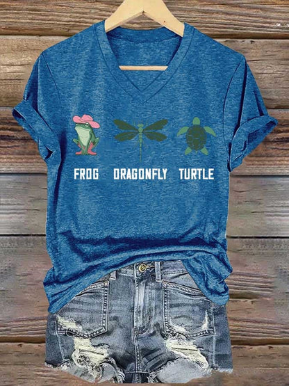 Women's Frog Dragonfly Turtle Printed V Neck T-shirt