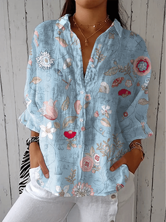 Women's Vintage Botanical Floral Art Print Lapel Shirt