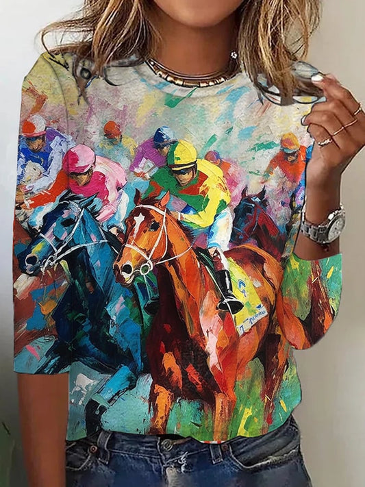 Women’s Retro Painting Riding Art Print Crew Neck T-Shirt