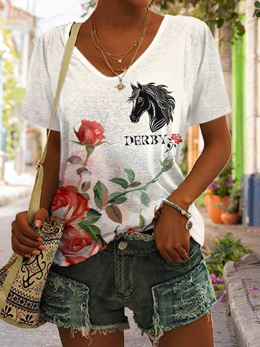 Women's Retro Kentucky Derby Print V-Neck T-Shirt