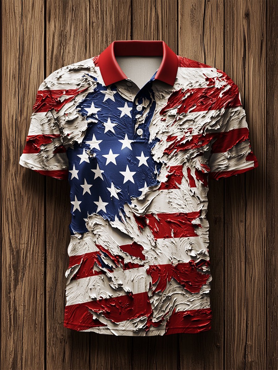 Men's Retro Casual Independence Day Button Short Sleeve Polo Shirt