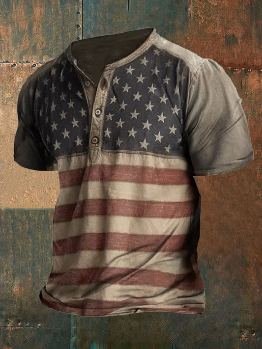 Men'sVintage American Flag Print Henley Collar T-Shirt