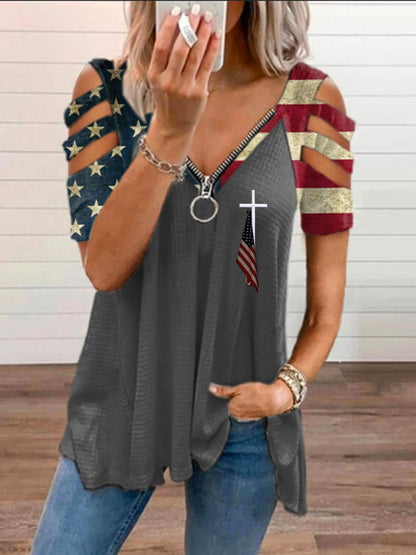 🔥Last Day 49% Off🔥Women'S Flag Cross Print V-Neck Top