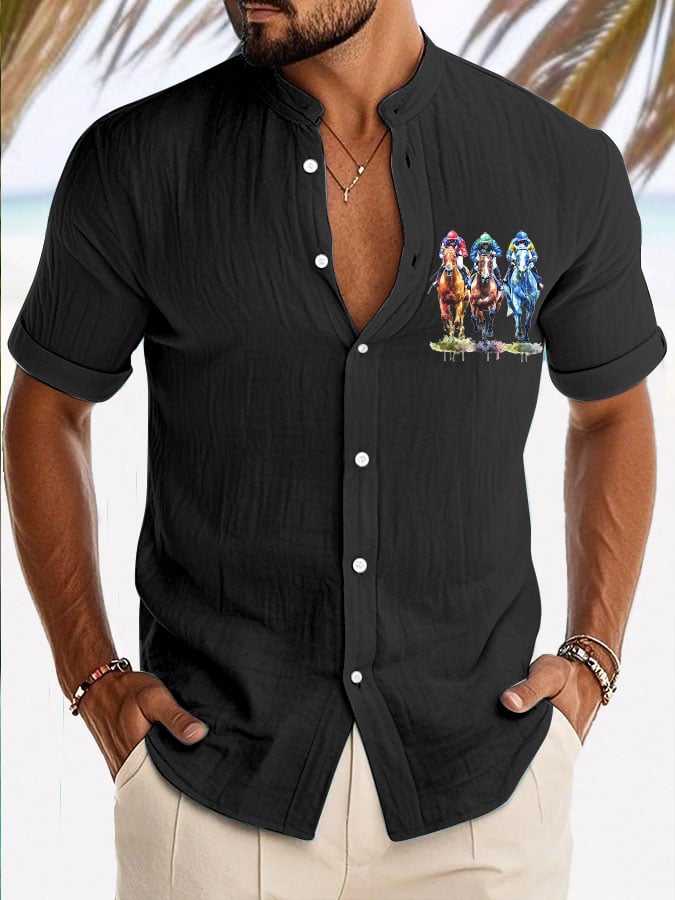 Men's Horse Racinng Print Resort Casual Stand Collar Shirt