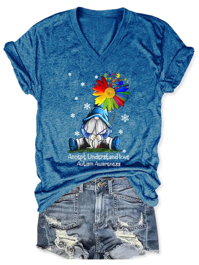 V-neck Gnome Autism Awareness Accept Understand Love Print T-Shirt