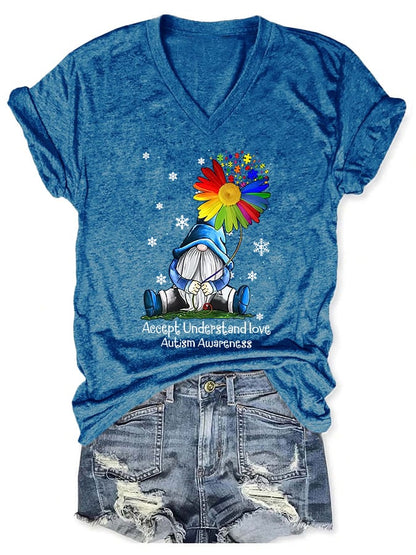 V-neck Gnome Autism Awareness Accept Understand Love Print T-Shirt