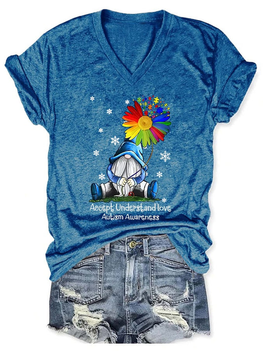 V-neck Gnome Autism Awareness Accept Understand Love Print T-Shirt