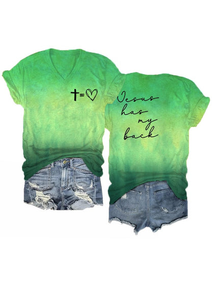 Women's Jesus Has My Back Love Cross  Print V-Neck T-Shirt