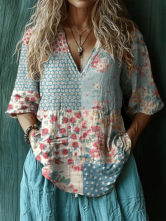 Women's Vintage Botanical Floral Print V-Neck Casual Shirt