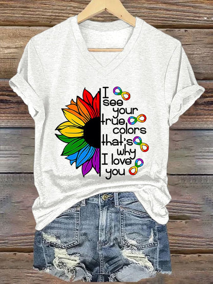 V-neck Retro Autism Awareness Infinity Symbol I See Your True Colors That's Why I Love You Print T-Shirt