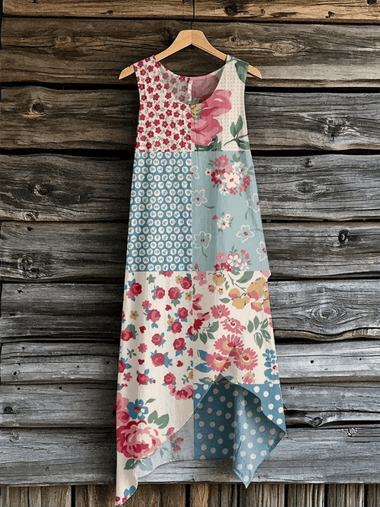 Women's Vintage Botanical Floral Print Asymmetric Design Dress