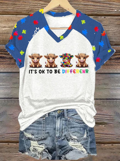 Women's  Autism Awareness Printed Casual V-Neck T-Shirt