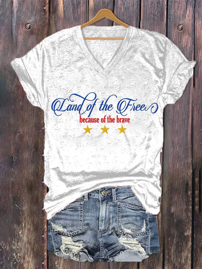 Women'S Independence Day Flag Printed V-Neck T-Shirt